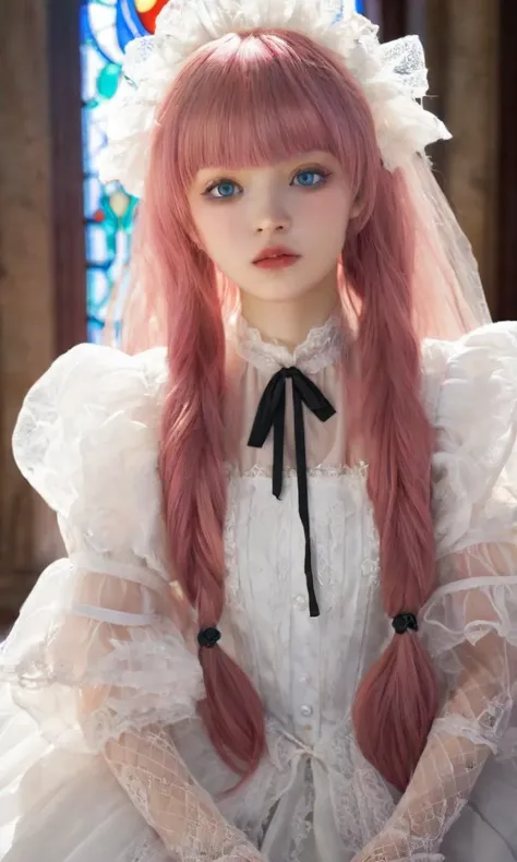 1girl, teen . medium breast , skindentation, +++
burgundy eyes ,
deep coral hair,
very long hair ,
afro twin tail,
streaked hair ,
hair over one eye,
hair flaps ,
embarrassed ,
head_tilt
+++, between the legs, looking ahead, High Angle, Three-Point Lighting, contrapposto, dynamic pose, lower eyelashes, upper eyelashes, eyeliner, Gothic Frilled dress, long skirt, Headdress, bowknot, hair ornament, hair flower, black fishnet_pantyhose, garter straps, Lace, cross-laced footwear, frilled blouse, ribbon-trimmed sleeves, puffy sleeves, , Panniers, tulle +++candlestick, stained glass, intricate gothic architecture , extremely quality extremely detailed, Faint lips,UC:realistic glow shine like opal deep-silky-healthy-lackwarm-foundational-soft-skin, photo realistic ray trace depth of field, <lora:_sdxl-flat:-0.5>