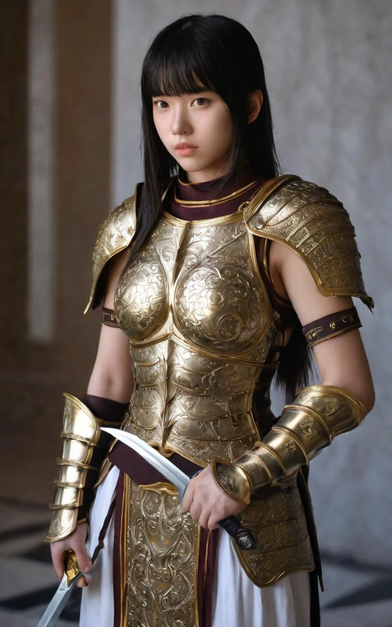 1girl, . small beasdt , skindentation, fantasy ( Glossy Metallic Engraving Pattern medium shirt gold armor intricate dress armor intricate Plunging armor intricate breastplate gladiator) muscular headpiece , gray stole , holding sword tabard