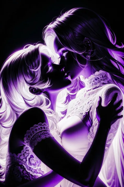 (masterpiece:1.1), (best quality:1.1), (monochrome:1.2), BREAK,
(purple theme:1.2), (glowing:1.0), <lora:purple_neon:1.0>, BREAK,
(solo:1.0), (upper body:1.1), (2girls:1.2), (side by side:1.0), (almost kissing:1.0), (lovers:1.0), (romantic:1.1), (passionate:1.0), (pain and pleasure:1.2), (lesbian:1.1)