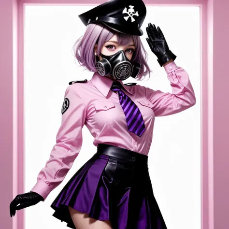 (masterpiece, best quality, ultra detailed), 1girl, solo, cowboy shot, waving, bob cut, two-tone hair, (jirai kei:1.2), pink shirt, black high waist skirt, necktie, black gloves, <lora:jiraikei:0.8>, striped kneehighs, (gas mask, gasmask, heart-lens:1.1), reflection, <lora:gasmask:0.8>, purple theme, monochrome, <lora:purple_neon:0.7>, marble pattern background,