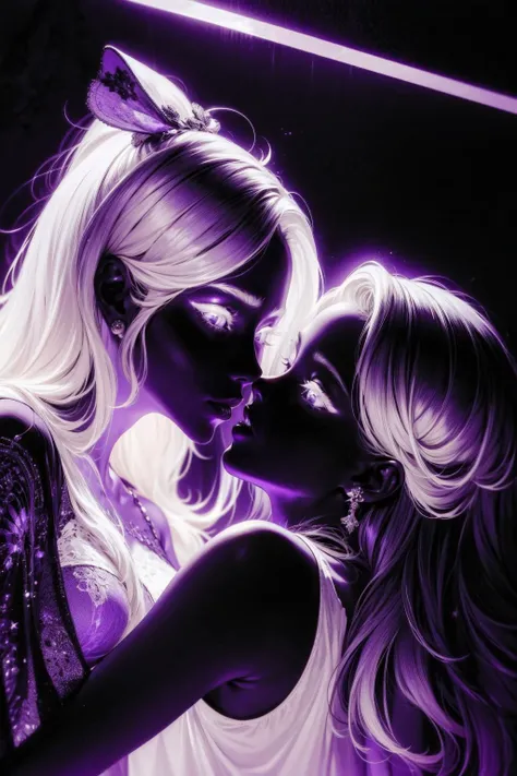 (masterpiece:1.1), (best quality:1.1), (monochrome:1.2), BREAK,
(purple theme:1.2), (glowing:1.0), <lora:purple_neon:1.0>, BREAK,
(solo:1.0), (upper body:1.1), (2girls:1.2), (side by side:1.0), (almost kissing:1.0), (lovers:1.0), (romantic:1.1), (passionate:1.0), (pain and pleasure:1.2), (lesbian:1.1)