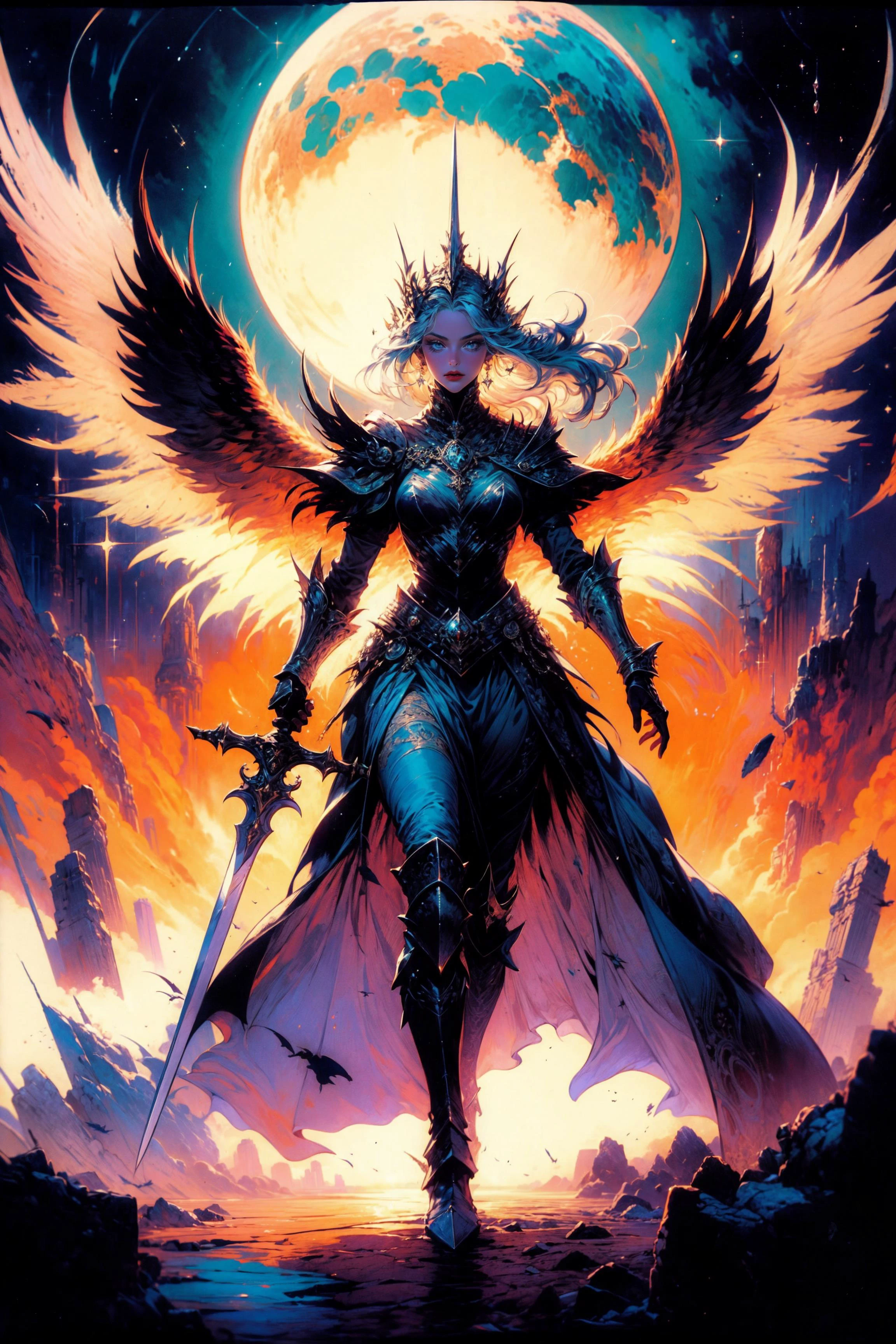 (masterpiece:1.1), (best quality:1.1), (intricate:1.1), (vibrant colors:1.2), BREAK,
(ethereal:1.1), (mystical:1.0), BREAK,
(solo:1.2), (dynamic angle:1.0), (elven girl:1.1), (feathered wings:1.0), (silver armor:1.1), (sword:1.0), (monochrome:0.9), <lora:novel_bright:0.5>, <lora:purple_neon:0.7>,