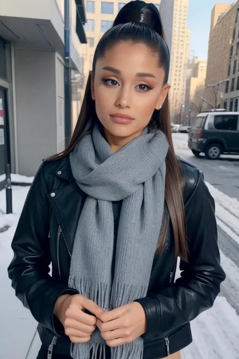 ariana1,1girl, solo, (realistic),(hyperrealism),(best quality),(masterpiece),(ultra high res),(photorealistic),(film grain),(upper body),eye makeup,detailed eyes,detailed face,black jacket,scarf, posing for a photo, outdoor, winter <lora:arianaX:1>