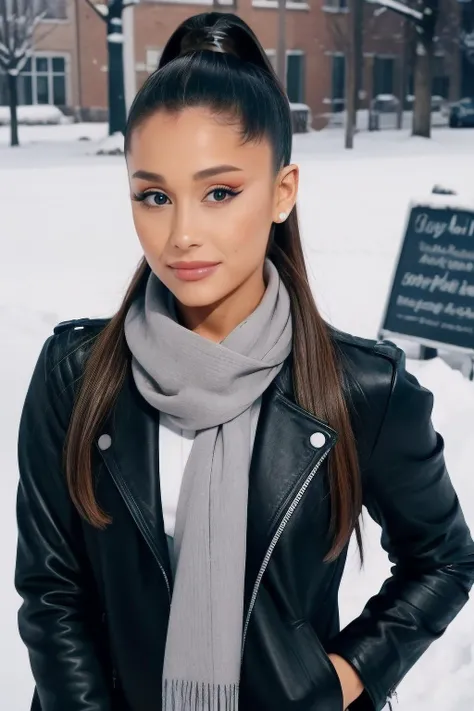 ariana1,1girl, solo, (realistic),(hyperrealism),(best quality),(masterpiece),(ultra high res),(photorealistic),(film grain),(upper body),eye makeup,detailed eyes,detailed face,black jacket,scarf, posing for a photo, outdoor, winter <lora:arianaX:1>