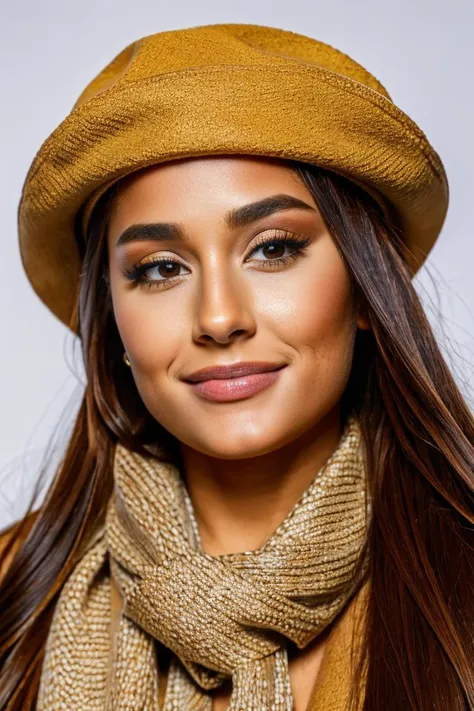<lora:arianaX:0.8>, medium shot, (masterpiece:1.2), (best quality:1.2), portrait photo of ariana1 1girl, simple, homely, completely covered up, wearing tan sweater, wearing a large brown coat, (wearing a hat:1.1), wearing a scarf, standing,(detailed eyes:1.2), ultra detailed skin, detailed face, boring hair, light on face, realistic skin, close up, daytime, random poses, (ultra sharp image:1.2), realistic skin, realistic skin color, unsexy, nothing offensive that would trigger other members, don't want to start a fight or anything