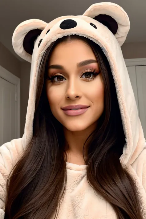 ariana1,1 girl, <lora:arianaX:0.6>, (25 years old), smiling, long hair, modern photo, wearing (bear costume), <lora:BearCostume:0.4>, (portrait), cute bear onesie pajamas, super soft light brown plush fabric, fluffy hood, adorable bear hood, (35mm, F/2.8) Photo Focus, DOF, Aperture, insanely detailed and intricate, character, hypermaximalist, beautiful, revealing, appealing, attractive, amative, hyper realistic, super detailed, beautiful girl, ((detailed eyes)), long eyelashes, (glossy lips), in her room