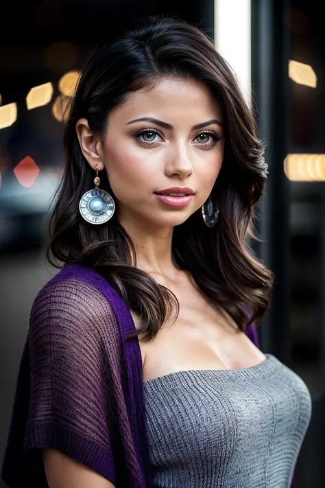 photo of gorgeous (vz3m4n0v4:0.99), a beautiful woman, (smiling), perfect hair upsweep updo, (award winning modern photography), (Plum Purple Colorblock knit poncho:1.1), 85mm, (analog, cinematic, film grain:1.3), (Futuristic dystopian city viewpoint displaying AI-guided self-sustaining waste management:1.2), detailed eyes, (epiCPhoto), earrings, eyeliner, long eyelashes, (looking at viewer:1.2), (cinematic shot:1.3), (PA7_Portrait-HL_v2)