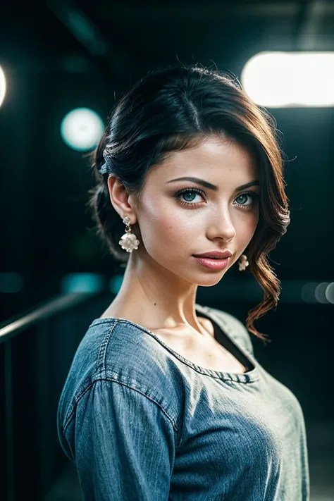 photo of gorgeous (vz3m4n0v4:0.99), a beautiful woman, (smiling), perfect hair upsweep updo, (award winning modern photography), (Ivory flannel shirt and jeans:1.1), 85mm, (analog, cinematic, film grain:1.3), (Futuristic dystopian city viewpoint featuring bioengineered glow-in-the-dark beetles:1.2), detailed eyes, (epiCPhoto), earrings, eyeliner, long eyelashes, (looking at viewer:1.2), (cinematic shot:1.3), (PA7_Portrait-HL_v2)
