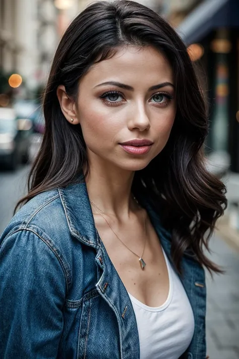 City street, neon, fog, volume, close-up portrait photo of a young woman in dark clothes,sexy smile,Beautiful face,Clear eyes
