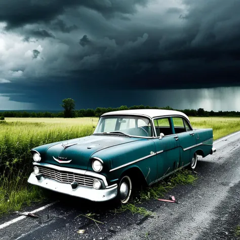 broken car on a desolate road with faded paint, abandoned feeling, moody atmosphere, dark clouds in the sky, dented hood, shattered windows, rusty metal, blurred foreground of weeds and debris, black and white color palette with high contrast, dramatic lighting direction, strong and harsh lighting, gritty texture, close-up framing and cropping, inspired by Edward Hopper and James Nachtwey's photojournalism.