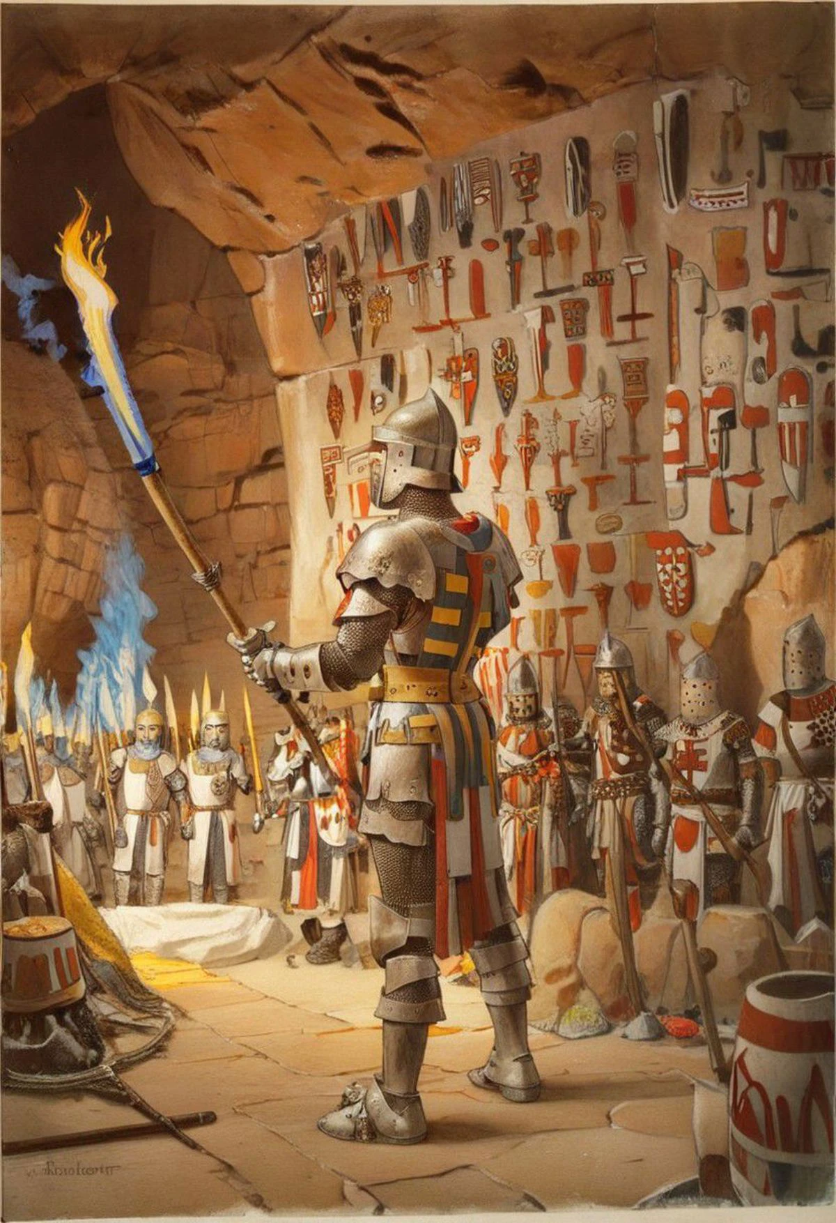 Pierre joubert, painting of a page dubbed by a knight, evening ceremony, torchs, in a wild cavern