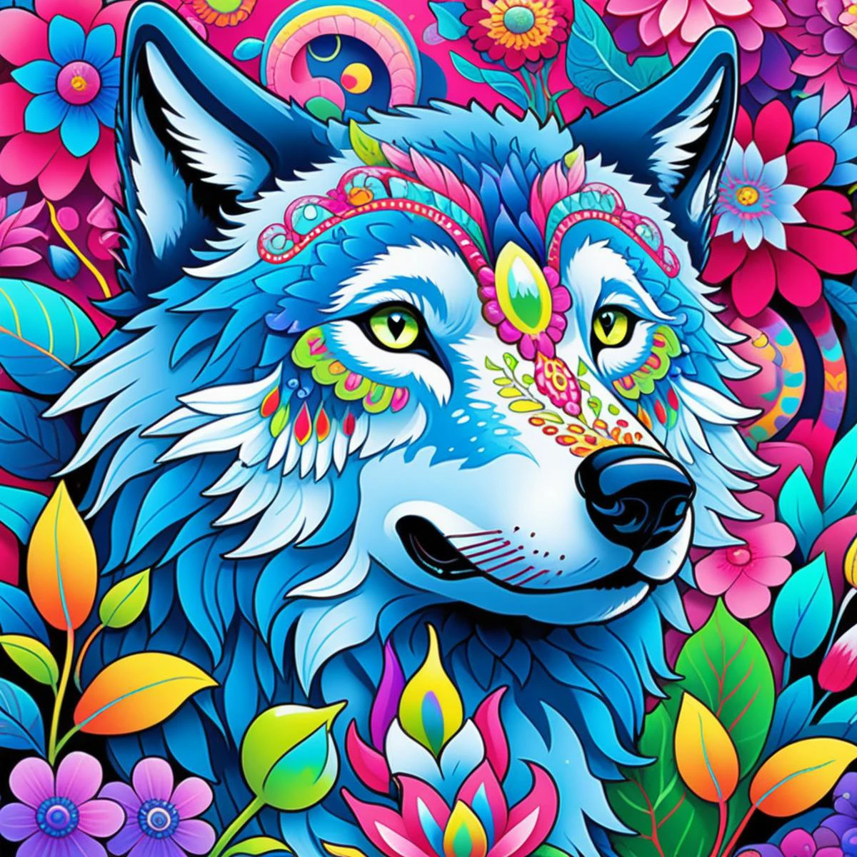 a beautifully intricate and detailed illustration of a wolf with Beautiful Neon Intricate Detailed Elaborate colored Art by Android Jones and Joe Fenton in the style of James Jean and Peter Max, Fantasy Art: floral, Intricate Detailed Elaborate Colorful Art, Fantasy Concept Art, Ridiculously Beautiful Art Nouveau, Digital Painting, Hyperrealism, Trending On Artstation, unreal mesmerizing colors, 8k sharp focus quality surroundings and highly detailed
