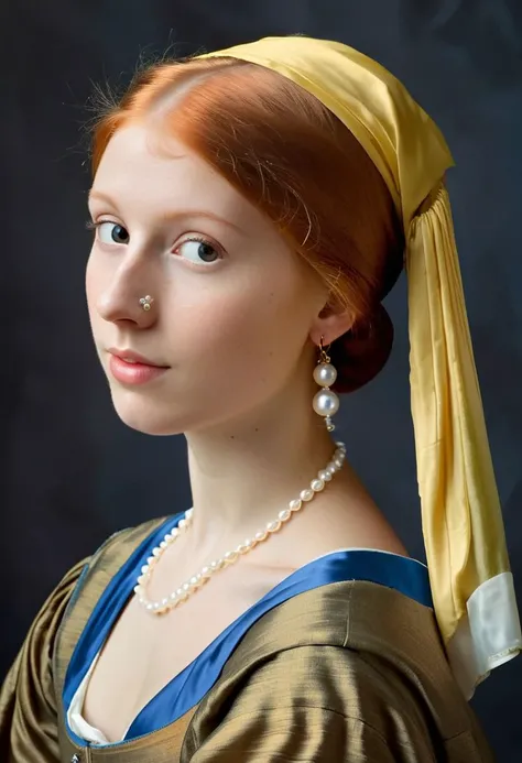 Renaissance Portrait: A young woman with flowing red hair and a pearl earring, in the style of Johannes Vermeer.