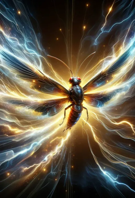 high quality, highly detailed, 8K Ultra HD, ral-elctryzt electrical made skinny elegant firefly made of electrical shocks, extremely detailed wing frames, In this enchanting artwork, the very essence of electrical shocks transforms into ral-elctryzt firefly, each shock gracefully adorning the wings of a firefly in flight, The translucence of the electrical shocks captures the delicate beauty of the ral-elctryzt firefly, as if nature has granted fleeting wings to the electrical essence,