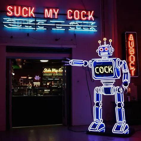 a wired complex mechanical futuristic robot under a neon sign with the (text "SUCK MY ROBOT COCK":1.2) written on it