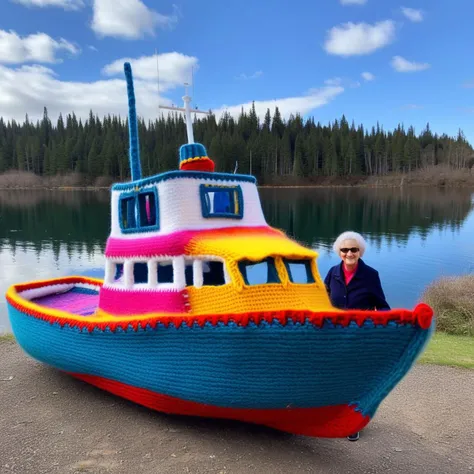 My mother posing in front of the full sized boat made of colorful wool that she just finished knitting