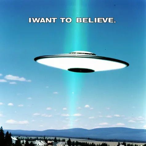 amateur photo of a UFO in the sky above a plain and the text "I WANT TO BELIEVE" written below, vhs, classic footage, moire effect, disposable camera photo
