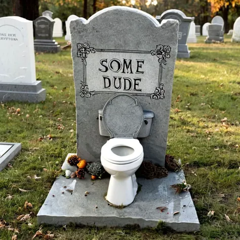 A tombstone shaped like toilet with the name "Some dude"