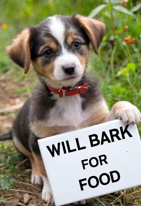 Cute little puppy holding a sign "will bark for food", award winning nature photo, subject focus, 4K UHD, DSLR