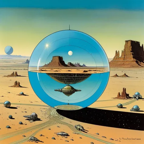 a mechanical sphere floating over a glass desert, 1970's sci fi, illustration by Moebius