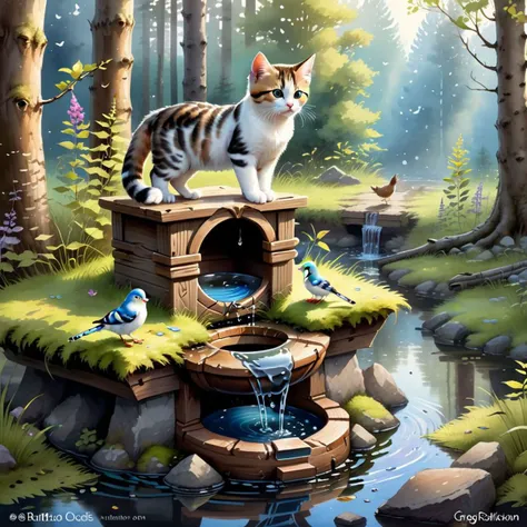 A well where you can hear the morning birds singing in the woods, 
Why people live, 
Liquid Banner, 
Haiku poem-painting, 
Kitten on  water, 
Watercolor, 
trending on artstation, 
sharp focus, 
studio photo, 
intricate details, 
highly detailed, 
by greg rutkowski