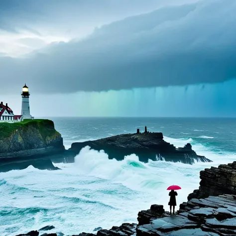 Main Composition

A lighthouse stands tall on the edge of a cliff, its beam piercing through a torrential downpour. A figure in a yellow raincoat is approaching it, a colorful umbrella aloft. Far below, tumultuous waves crash against jagged rocks.
Detailed Description

The lighthouse, towering yet isolated, is more than just a beacon; its cracked stone walls and weathered wooden doors tell stories of years battling the elements. The light emanating from its peak is not just bright but ethereal, almost as if it's beaming pure hope into the night.

The figure in the yellow raincoat, face obscured by the hood, is holding an umbrella that isn't just one color, but a vibrant swirl of hues—reds, blues, greens—each one starkly contrasting with the surrounding darkness and rain. The umbrella seems to spin very slowly, a kaleidoscope against the monochrome backdrop.

The ocean below isn't merely water and wave. Each crest is highlighted by phosphorescent plankton, turning each crash against the rocks into a burst of glowing mist. The sharp rocks appear to be almost reaching for the sky, like the earth's own jagged teeth biting into the water.

The rain is not just rain; it's a downpour of epic proportions, the kind that makes everything else disappear. Yet within each raindrop, there's a reflection of the lighthouse, the figure, and the tumultuous sea below—a thousand miniature scenes replaying over and over.
Intended Effects

This image is designed to evoke a sense of contrast between human vulnerability and the awesome power of nature, underlined by a lingering melancholy. It aims to draw you into a deeper state of contemplation, making you consider the vastness of the elements and your own place within it. The vibrant umbrella serves as a focal point for human optimism and resilience, standing out amidst the elemental chaos, compelling you to find beauty even in turbulent times. The phosphorescent sea turns danger into art, converting the menacing rocks into a stage for nature’s own light show. The repetition within each raindrop magnifies the significance of the scene, amplifying its emotional impact. It's as if you're seeing the world through a lens that both isolates and magnifies, compelling you to look closer, think deeper.