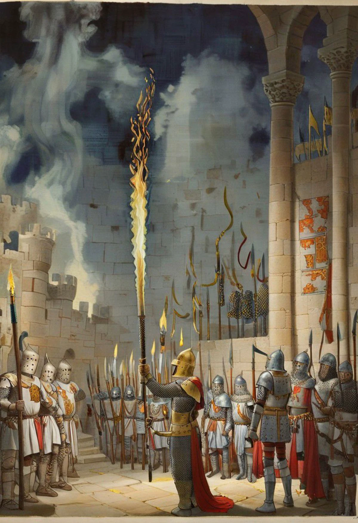 Pierre joubert, painting of a page dubbed by the sword of a knight, night ceremony, torchs, austere atmosphere, recall of ancestors in the upper part of the picture