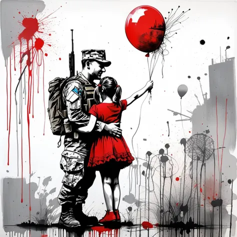 a black and white painting of a little girl red dress, side view, giving a red balloon to an adult army soldier holding a rifle, with red paint splatters, , with a black and white background, Carne Griffiths, incredible art, graffiti art, modern european ink painting

