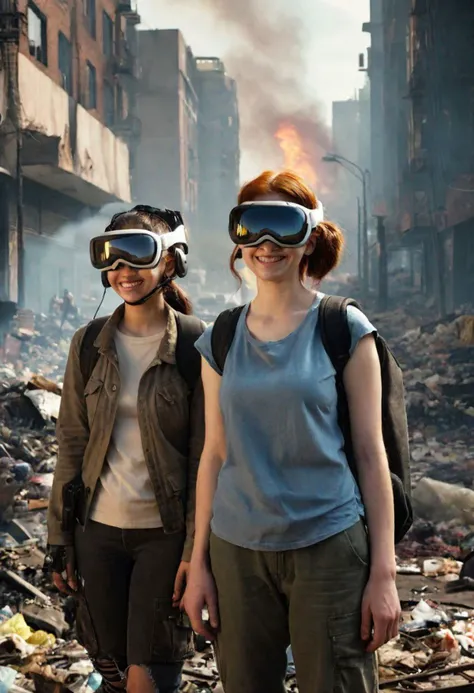 people wearing vsnz headset, smiling, depressing dystopic post-apocalyptic city setting, smog and fire, trash fpiled up