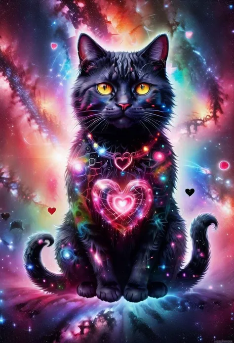 score_9, score_8_up, score_7_up,,galaxy, black cat, stars, milky way, love, heart, glowing hair, glowing eyes