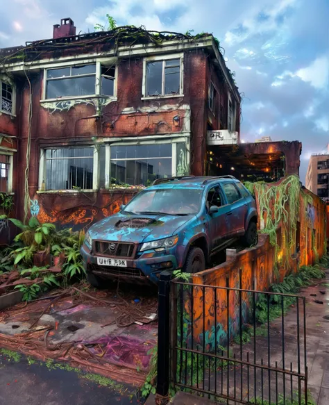 masterpiece, highly detailed, 8k, uhd, sci fi, fantasy, intricate design, <lora:xl_more_art-full_v1:1>b,post-apocalyptic, dystopian, crumbling, rusty, overrun with jungle, vines growing up builings, ground littered, extremely detailed plants, neon paint, graffiti, broken glass, eerie, liminal, realistic, mist, shadows, neon glow, darkness,<lora:Neon_Environments:1>,<lora:more_details:1>