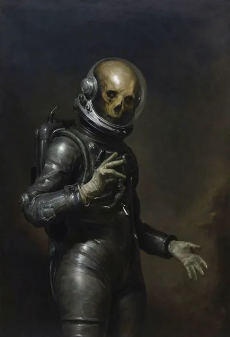 long view shot of Space General Zog from Pluto exploring an alien spaceship, helmet on, gloves, eldritch, old, worn out, used, 2d, painting illustration, thick outline, Dark art in the style of Nicola Samori, painting by Delacroix