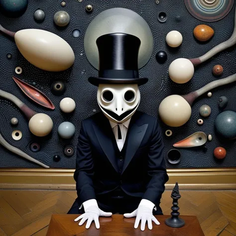 a nightmarish hallucination haunted by spectral apparitions, an eccentric artist emerges, a fusion of styles echoing the works of Hieronymus Bosch, adorned in surreal bowler hats a la Magritte.
Within this abyss of absurdity, the artist's palette draws inspiration from the dark biomechanical visions of Giger, crafting a symphony of distorted and dissonant sounds.
The canvases within this mosaic of memories span the artistic spectrum, from the abstract expressionism of Pollock. Each stroke and texture is an homage to the great masters, creating a narrative that blurs the line between the sublime and grotesque.