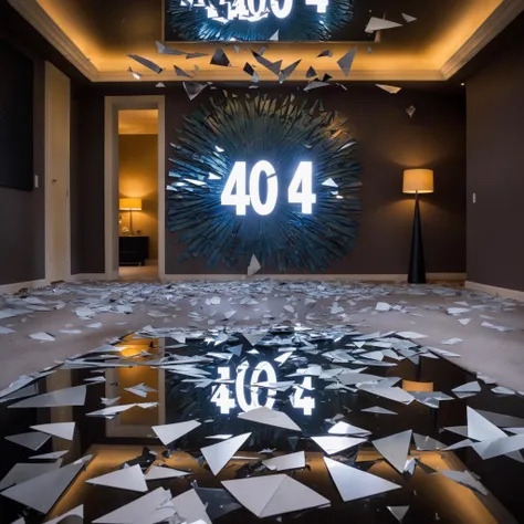 (the text " 4 0 4 " written in mirror shards:1.2), An abstract interpretation of a shattered mirrors room, bathed in moonlight with hard strobe lights enhancing the fragments, closely interested in Brandon Cronenber's art about the Cronenberg Family on the Acide Buvolant Studio ,High color saturation, perched on stilts seemingly upside-down with photorealistic attention to shadows cast, lens fog obscured identity from the perspective of the recently encountered that describes mental degradation.