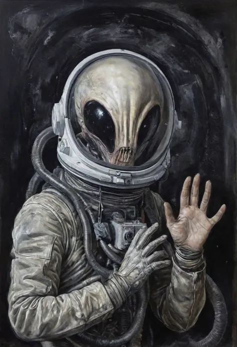 epic shot of Space General Zog from Pluto exploring an alien spaceship, helmet on, gloves, eldritch, old, worn out, used, 2d, painting illustration, thick outline, Dark art in the style of Nicola Samori, painting by HR Giger