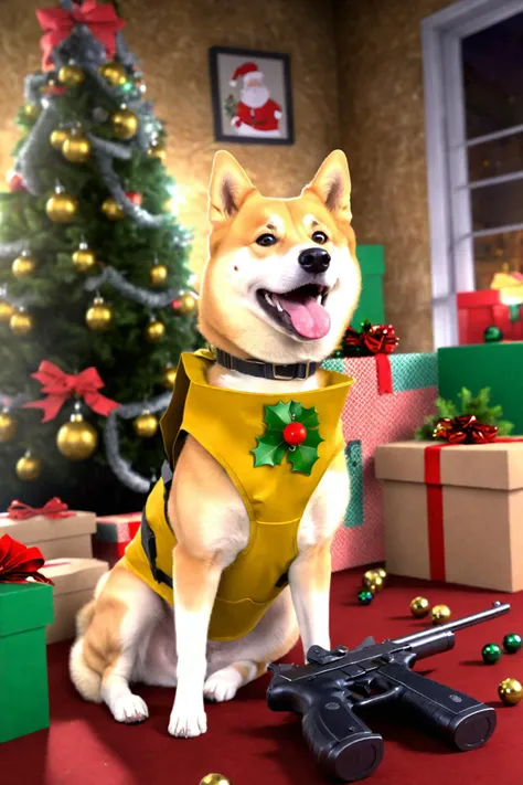 2D digital illustration of a doge in a yellow vest with a mistletoe branch sitting in a decorated room by a christmas tree, smiling and looking at viewer, (ammo boxes and guns scattered around)1.3, Christmas, night time