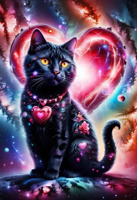 score_9, score_8_up, score_7_up,,galaxy, black cat, stars, milky way, love, heart, glowing hair, glowing eyes