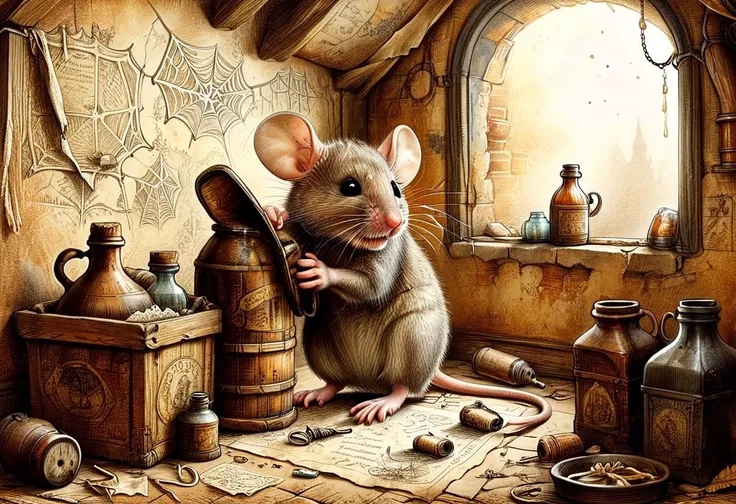 score_9, score_8_up, score_7_up, a cute little mouse, cleaning her muzzle with her paws, in an old dusty ceiling, junk, spiderwebs, and old bottles around, ink-drawn illustration, old relic faded elaborate parchment, rim light, ink art, line art, extremely detailed, HD