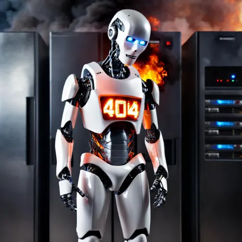 best quality, photorealistic,Confused Robot, ("404" on chest:1.5) standing in server room, fire and smoke coming from server rack, intricate background, <lora:add-detail-xl:2>, looking at viewer, <lora:BetterTextRedmond:1>