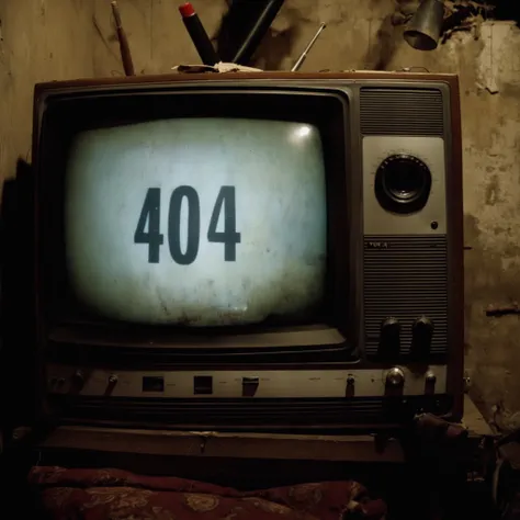 (the text 404 written in the old television:1.17),
picture taken in a basement of a dirty bedroom with a dirty bed and an old computer, vhs, classic footage, moire effect, disposable camera photo