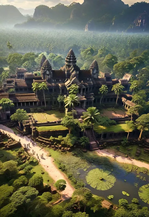 hyperdetailed, hyperrealistic, 8k, high quality, hi res, best quality, high quality, absurd res, natural lighting, intricate, soft warm lighting,
In the heart of a lush valley, surrounded by majestic mountains, lies the Grand City of Angkor Wat,hindu temple,lush vegetation,