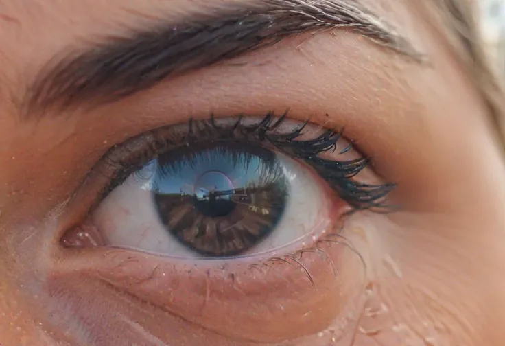professional high-budget photography with a high-speed camera very close-up, a woman's eye in which is reflected, the beach, the sun and the photographer