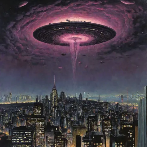 Giant alien ships hover menacingly over a futuristic Neo-Tokyo, their obsidian hulls reflecting the neon glow of the towering skyscrapers below. Panicked citizens flee through gleaming streets that echo with an unearthly wail as searchlights sweep across the metropolis. Acclaimed Japanese cyberpunk artist Shintaro Kago depicts the chaos with bursts of crimson and shadow, emphasizing the bewilderment and peril and drawing inspiration from the dystopian masterworks of William Gibson. Intricate filigree and distorted scale bring an uncanny sense of scale and terror to the teeming cityscape. At the foreground, an androgynous loner is frozen in place, transfixed by the overwhelming size of the alien vessels silhouetted against the starry void above. The cropped frame and crunched perspective accentuate the smallness and vulnerability of humanity against such unknown powers from the cosmos. With photorealistic precision and Lovcraftian weirdness, Kago's vivid tableau blends sci-fi intrigue with psychological dread in the style of David Cronenberg's eerie classic The Fly.