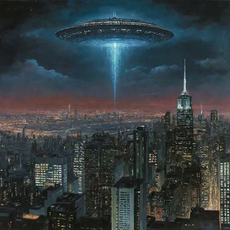 Giant alien ships hover menacingly over a futuristic Neo-Tokyo, their obsidian hulls reflecting the neon glow of the towering skyscrapers below. Panicked citizens flee through gleaming streets that echo with an unearthly wail as searchlights sweep across the metropolis. Acclaimed Japanese cyberpunk artist Shintaro Kago depicts the chaos with bursts of crimson and shadow, emphasizing the bewilderment and peril and drawing inspiration from the dystopian masterworks of William Gibson. Intricate filigree and distorted scale bring an uncanny sense of scale and terror to the teeming cityscape. At the foreground, an androgynous loner is frozen in place, transfixed by the overwhelming size of the alien vessels silhouetted against the starry void above. The cropped frame and crunched perspective accentuate the smallness and vulnerability of humanity against such unknown powers from the cosmos. With photorealistic precision and Lovcraftian weirdness, Kago's vivid tableau blends sci-fi intrigue with psychological dread in the style of David Cronenberg's eerie classic The Fly.
