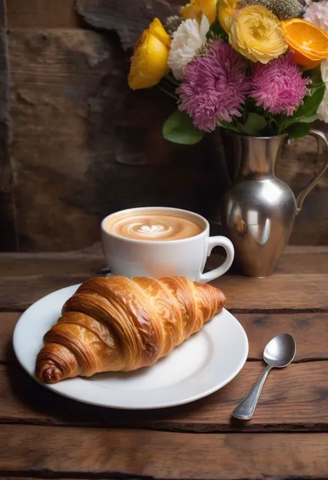 a delicious chocolate croissant, on a saucer, accompanied by a cappuccino, a freshly squeezed juice, served on a rustic wooden table, wonderful, tasty,background of a rustic wooden table,vase of flowers,art