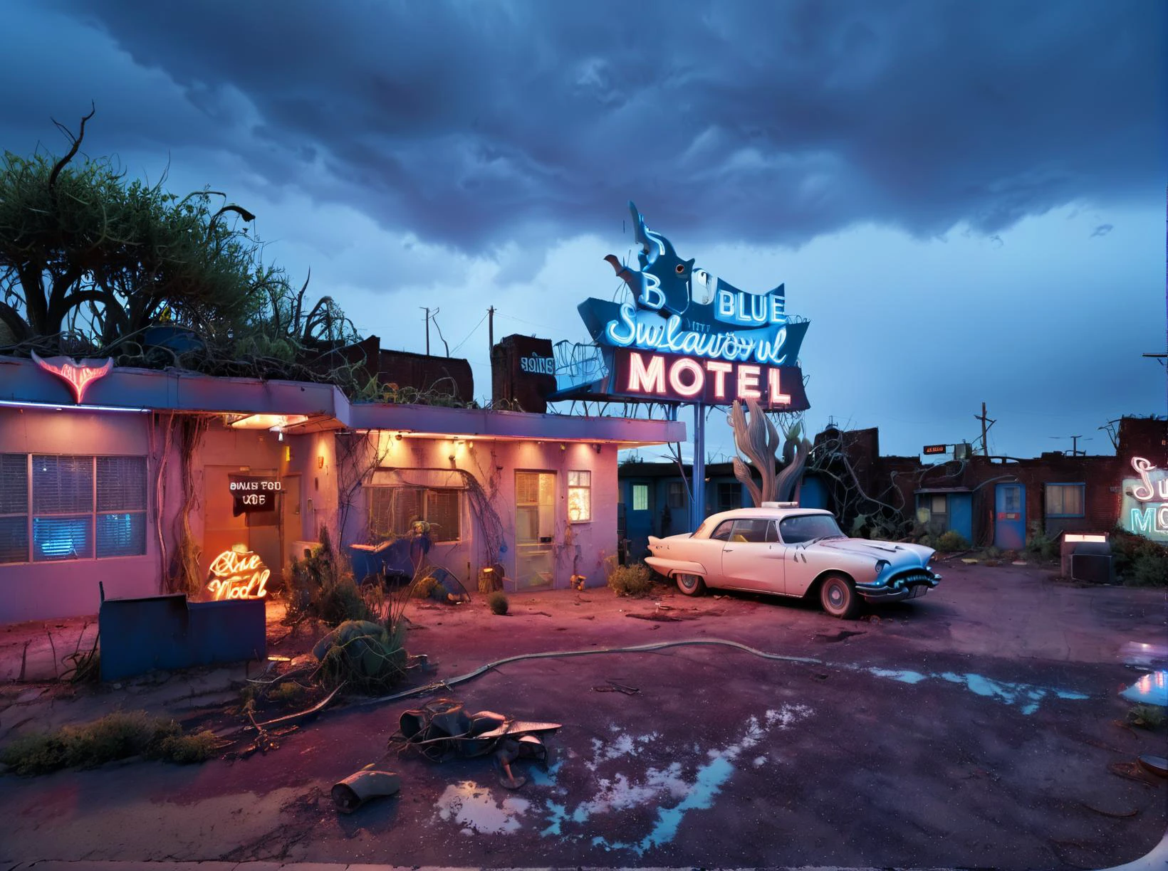 masterpiece, highly detailed, 8k, uhd, sci-fi, fantasy, intricate design, <lora:xl_more_art-full_v1:1>("Blue Swallow Motel"),route 66, post-apocalyptic, dystopian, crumbling, rusty, overrun with jungle, vines growing up buildings, ground littered, extremely detailed plants, neon signs, neon paint, graffiti, broken glass, eerie, liminal, realistic, mist, shadows, neon glow, darkness, cracked road, <lora:Neon_Environments:1>,intricate brickwork,<lora:more_details:2>