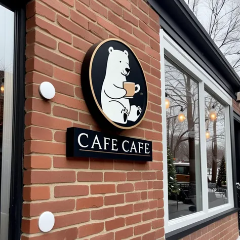 The logo features a cute and playful polar bear cub holding a cup of coffee in its paws. The bear is depicted in a minimalistic and modern style, with a subtle color palette of white, black, and brown. The bear is placed in the center of the logo, with the name of the cafe written in bold letters above it. The name of the cafe is not specified in your request, so I can’t provide that information. The logo is located on a rectangular sign outside a brick building. The sign is designed in a simple and elegant style, with a wooden frame and a metallic plate displaying the logo. The sign is attached to the wall of the building with two metallic brackets. The scene is set on a sunny, snowy morning, with snowflakes falling gently from the sky. The building is surrounded by snow-covered trees and a snowy sidewalk. The overall atmosphere is cozy and inviting, perfect for a warm cup of coffee on a cold winter day.