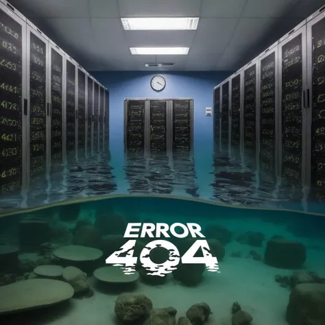 "ERROR 404" is written at the center, a server room under water