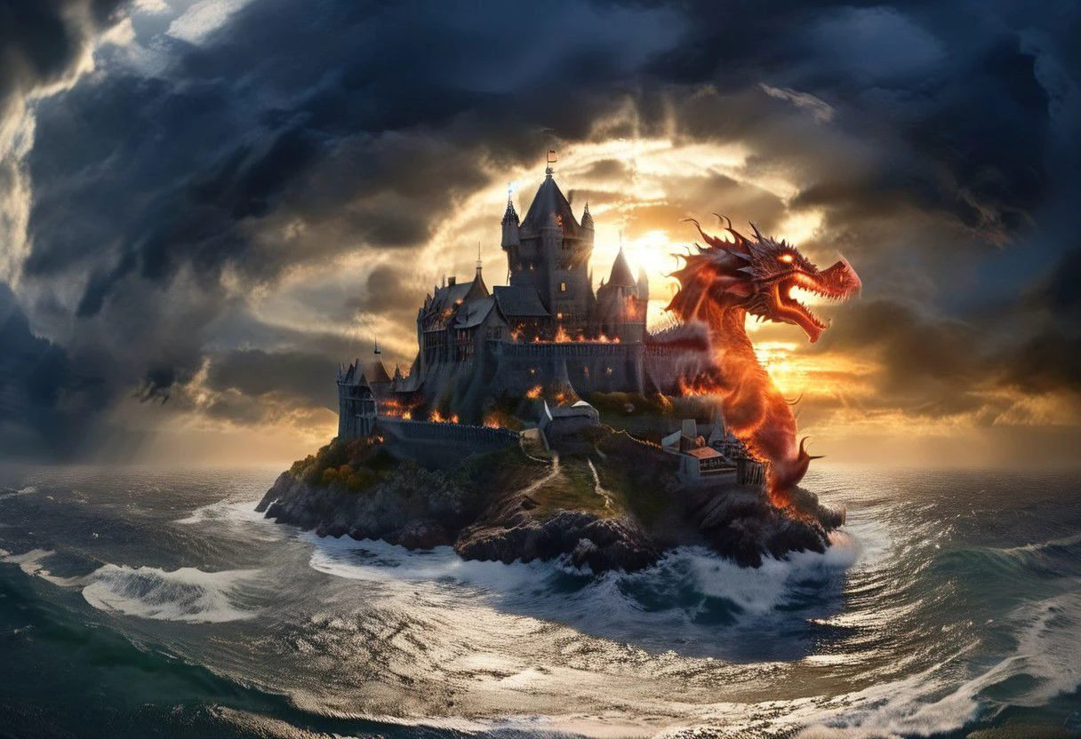 high quality, highly detailed, 8K Ultra HD, incredible light beyond (dark and light clouds that looks like dragon:1.2), and sun rays, , impressive high dark scottish fantasy high castle on the coast, a frigate navigate toward the Port, stormy sea, burning sky autumn style,