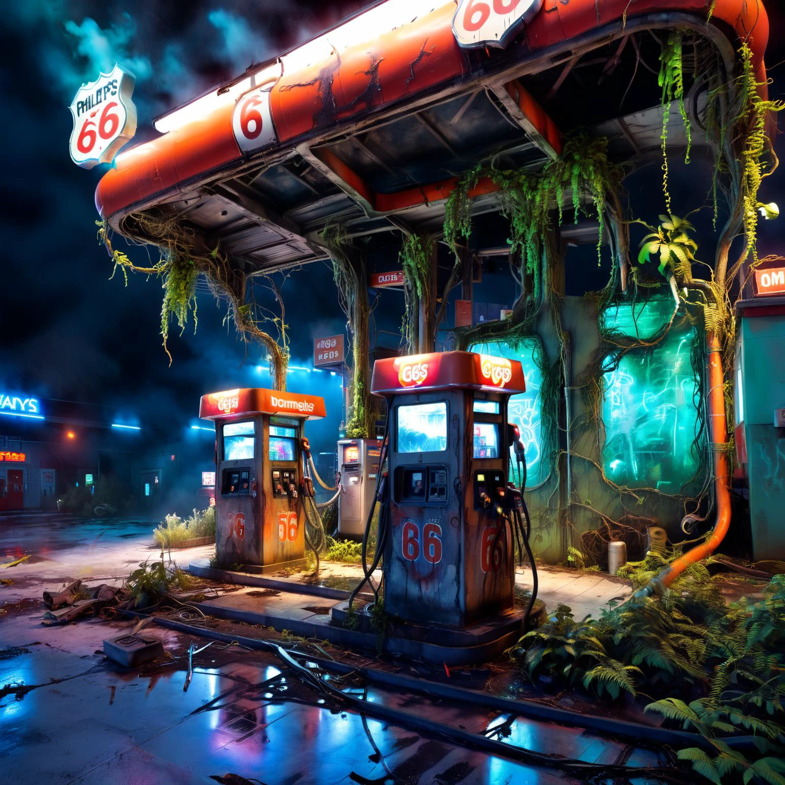 masterpiece, highly detailed, 8k, uhd, sci fi, fantasy, intricate design, <lora:xl_more_art-full_v1:1>, (Phillips 66 Gas station),post-apocalyptic, dystopian, crumbling, rusty, overrun with jungle, vines, extremely detailed plants, neon paint, graffiti, broken glass, eerie, liminal, realistic, mist, shadows, neon glow, darkness,<lora:Neon_Environments:1>,<lora:more_details:1>